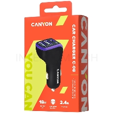 Адаптер CANYON Universal 3xUSB car adapter, Input 12V-24V, Output DC USB-A 5V/2.4A(Max) + Type-C PD 18W, with Smart IC, Black+Purple with rubber coating, 71*39*26.2mm, 0.028kg