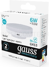 Лампа светодиодная Gauss Elementary GX53 6Вт цок.:GX53 таблетка 220B 4100K св.свеч.бел.ней. (упак.:10шт) (83826)