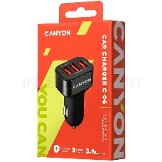 Зарядное устройство CANYON Universal 3xUSB car adapter, Input 12V-24V, Output 5V-3.1A, black rubber coating+black metal ring (side with USB is in plastic), 66*35.2*25.1mm, 0.025kg