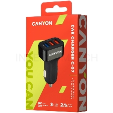 Зарядное устройство CANYON Universal 3xUSB car adapter(1 USB with Quick Charger QC3.0), Input 12-24V, Output USB/5V-2.1A+QC3.0/5V-2.4A&9V-2A&12V-1.5A, with Smart IC, black rubber coating+black metal ring+QC3.0 port with blue/other ports in orange,