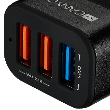 Зарядное устройство CANYON Universal 3xUSB car adapter(1 USB with Quick Charger QC3.0), Input 12-24V, Output USB/5V-2.1A+QC3.0/5V-2.4A&9V-2A&12V-1.5A, with Smart IC, black rubber coating+black metal ring+QC3.0 port with blue/other ports in orange,  66*35.