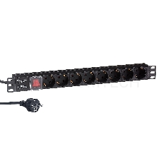 Блок розеток горизонтальный ExeGate ServerPro PDU-19H805 Al-8S-EU3-SW, 19, 1U, Алюминий, 8 Schuko, кабель с евровилкой VDE-250V-16A-3*1.5mm2, 3 метра, выкл. с подсветкой, черный