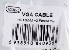 Кабель VGA 3м AOpen 2 фильтра, монитор-SVGA card 15M-15M, ACG341AD-3M
