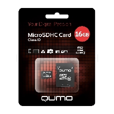 Флеш карта QUMO MicroSDHC 16GB Сlass 10 с адаптером SD, черно-красная картонная упаковка