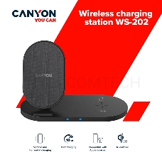 Беспроводное зарядное устройство CANYON WS-202 2in1 Wireless charger, Input 5V/3A, 9V/2.67A, Output 10W/7.5W/5W, Type c cable length 1.2m, PC+ABS,with PU part ,180*86*111.1mm, 0.185Kg,Black