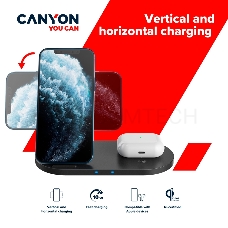 Беспроводное зарядное устройство CANYON WS-202 2in1 Wireless charger, Input 5V/3A, 9V/2.67A, Output 10W/7.5W/5W, Type c cable length 1.2m, PC+ABS,with PU part ,180*86*111.1mm, 0.185Kg,Black