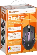 Мышь проводная  Defender Flash MB-600L черный,4кнопки,7 цветов подсветки,800- 1200dpi (52600)