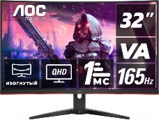 Монитор AOC 31.5 16:9 2560х1440(WQHD) VA, Curved, nonGLARE, 300cd/m2, H178°/V178°, 3000:1, 80M:1, 16.7M, 1ms, VGA, 2xHDMI, DP, Height adj, Pivot, Tilt, Swivel, 3Y, Black