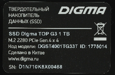 Накопитель SSD Digma PCI-E 4.0 x4 1Tb DGST4001TG33T Top G3 M.2 2280