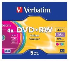 Диск DVD+RW Verbatim 4.7Gb 4x Slim case (5шт) Color (43297)