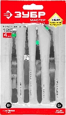 Набор ЗУБР 22215-H4: Пинцеты, нержавеющая сталь, прямой, заостренные губки, изогнутый, самозажимной прямой, плоские и широкие губки, 120мм