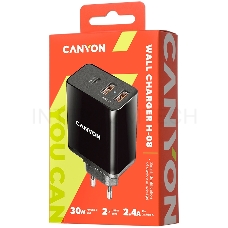Сетевой адаптер CANYON Universal 3xUSB AC charger (in wall) with over-voltage protection(1 USB-C with PD Quick Charger), Input 100V-240V, Output USB-A/5V-2.4A+USB-C/PD30W, with Smart IC, Black Glossy Color+orange plastic part of USB, 96.8*52.48*28.5mm, 0.