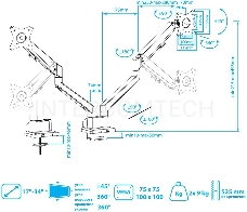 Кронштейн Arm media LCD-T36 silver, 4 шт/уп. Кр. алюм. настол. для 2-х мон. 15-34, max 2х9 кг, нак. ±45°, пов. ±180°, от стола 495 мм, max VESA 100x100 мм.