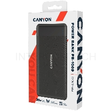 Аккумулятор CANYON PB-109 Power bank 10000mAh Li-poly battery, Input Lightning &Type C  : 5V/2A, 9V/2A PD 18W(Max), Output Type C 5V/3A,9V/2.2A,12V/1.5A 20W,  Output USB A:5V3A,9V2A,12V1.5A,18W quick charging cable 0.3m, 144*68*16mm, 0.24kg, Black