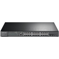 Коммутатор TP-Link 24-port Gigabit Managed PoE switch with 4 10G SFP+ ports, support 802.3af/at PoE, 1 console port, 19-inch rack mount, support L2/L2+ features.