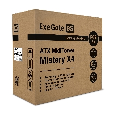 Корпус Miditower Exegate EX294391RUS Mistery X4 (ATX, без БП, 2*USB+1*USB3.0, HD аудио, черный, 4 вент. 12см с RGB подсветкой, пылевые фильтры, боковая панель - закаленное стекло)