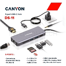 Мультипортовый хаб CANYON 9 in 1 USB C hub, with 1*HDMI: 4K*30Hz,1*Gigabit Ethernet,, 1*Type-C PD charging port, Max 100W PD input. 2*USB3.0,transfer speed up to 5Gbps. 1*USB 2.0, 1*SD, 1*3.5mm audio jack, cable 18cm, Aluminum alloy housing115*46*15 mm, 8