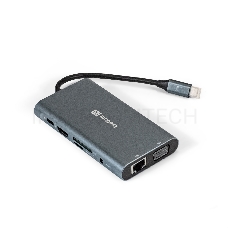 Док-станция ExeGate EX293985RUS DUB-31C/MAX (кабель-адаптер USB Type-C --> 3xUSB3.0 + Card Reader + PD 100W + HDMI 4K@30Hz + VGA + Audio + Lan RJ45 10/100/1000Mb, Plug&Play, серый)