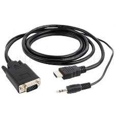 Кабель Cablexpert HDMI-VGA 19M/15M + 3.5Jack, 1.8м, черный, позол.разъемы, пакет (A-HDMI-VGA-03-6)