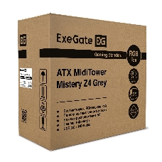 Корпус Miditower Exegate EX294389RUS Mistery Z4 Grey (ATX, без БП, 2*USB+1*USB3.0, HD аудио, серый, вент. 12 см с RGB подсветкой, пылевые фильтры, боковая панель - закаленное стекло)