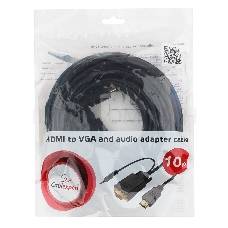 Кабель Cablexpert HDMI-VGA 19M/15M + 3.5Jack, 10м, черный, позол.разъемы, пакет (A-HDMI-VGA-03-10M)