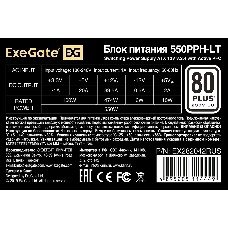 Блок питания 550W ExeGate 80 PLUS® 550PPH-LT-S-OEM (ATX, APFC, КПД 82% (80 PLUS)SC, 12cm fan, 24pin, (4+4)pin, PCIe, 5xSATA, 3xIDE, black, кабель 220V с защитой от выдергивания)