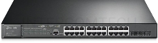 Коммутатор TP-Link 24-port Gigabit Managed PoE switch with 4 10G SFP+ ports, support 802.3af/at PoE, 1 console port, 19-inch rack mount, support L2/L2+ features.