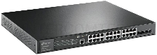 Коммутатор TP-Link 24-port Gigabit Managed PoE switch with 4 10G SFP+ ports, support 802.3af/at PoE, 1 console port, 19-inch rack mount, support L2/L2+ features.