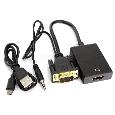 Переходник VGA (M)-HDMI (F) Cablexpert A-VGA-HDMI-01, 19M/15F, длина 15см, аудиовыход Jack 3,5 (M), питание от USB