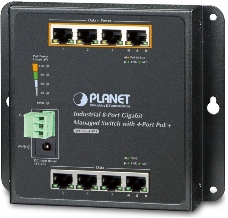 Индустриальный коммутатор Planet IP30, IPv6/IPv4, 8-Port 1000TP Wall-mount Managed Ethernet Switch with 4-Port 802.3AT POE+ (-40 to 75 C), dual redundant power input on 48-56VDC terminal block and power jack, SNMPv3, 802.1Q VLAN, IGMP Snooping, SSL, SSH, 