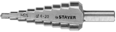 Сверло STAYER MASTER ступенчатое по сталям и цвет.мет., сталь HSS, d=4-20мм, 9ступ.d 4-20, L-75 мм,трехгран. хвост. 8мм [29660-4-20-9]