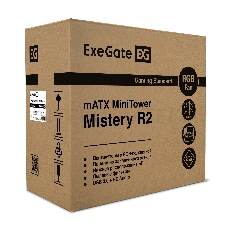 Корпус Minitower Exegate EX294384RUS Mistery R2 (mATX, без БП, 2*USB+1*USB3.0, аудио, черный, 1 вент. 12см с RGB подсветкой и полоса на передней панели, боковая панель - закаленное стекло)