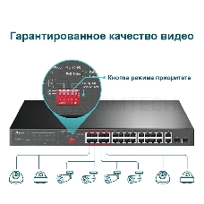 Коммутатор 24-port 10/100Mbps Unmanaged PoE+ Switch with 2 combo RJ-45/SFP uplink ports, metal case, rack mount, 24 802.3af/at compliant PoE+ ports, 2 gigabit combo RJ-45/SFP uplink ports, DIP switches for Extend mode, Isolation mode and Priority mode, up