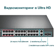 Коммутатор 24-port 10/100Mbps Unmanaged PoE+ Switch with 2 combo RJ-45/SFP uplink ports, metal case, rack mount, 24 802.3af/at compliant PoE+ ports, 2 gigabit combo RJ-45/SFP uplink ports, DIP switches for Extend mode, Isolation mode and Priority mode, up