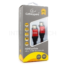 Кабель HDMI Cablexpert, серия Gold, 3 м, v1.4, M/M, красный, позол.разъемы, алюминиевый корпус, нейлоновая оплетка, коробка