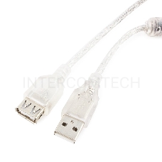 Кабель удлинитель USB2.0 Pro Cablexpert CCF-USB2-AMAF-TR-0.75M, AM/AF, 0,75м, экран, 2феррит.кольца, прозрачный, пакет