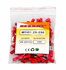 Клеммы,сжим REXANT (08-0313)  КЛЕММА ПЛОСКАЯ изолированная (КПИ штекер - 6.3мм)  0.5-1.5мм  (MDD1.25-250, VM1.25-250)   (100 шт. в уп.)
