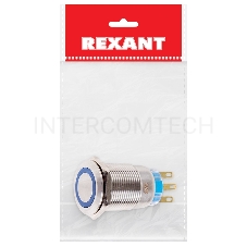 Кнопка  антивандальная Ø19 12В Фикс (5с) ON-OFF/OFF-ON подсв/синяя  REXANT