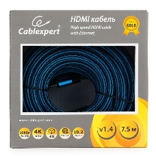 Кабель HDMI Cablexpert, серия Gold, 7,5 м, v1.4, M/M, синий, позол.разъемы, алюминиевый корпус, нейлоновая оплетка, коробка