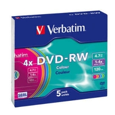 Диск DVD-RW Verbatim 4.7Gb 4x Slim case (5шт) Color (43563)