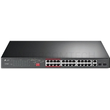 Коммутатор 24-port 10/100Mbps Unmanaged PoE+ Switch with 2 combo RJ-45/SFP uplink ports, metal case, rack mount, 24 802.3af/at compliant PoE+ ports, 2 gigabit combo RJ-45/SFP uplink ports, DIP switches for Extend mode, Isolation mode and Priority mode, up