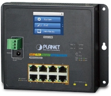 Коммутатор PLANET IP30, IPv6/IPv4, L2+ 8-Port 10/100/1000T 802.3at PoE + 2-Port 1G/2.5G SFP Wall-mount Managed Switch with LCD touch screen (-20~70 degrees C, dual power input on 48-56VDC terminal block and power jack, ERPS Ring, 1588, Modbus TCP, ONVIF,