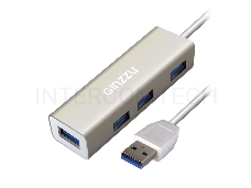 Концентратор Ginzzu GR-517UB 4-х портовый USB 3.0 индикатор питания, встроенный интерфейсный кабель - 20 см, алюминиевый корпус, серебристый