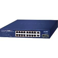 Коммутатор PLANET GSD-2022P 16-Port 10/100/1000T 802.3at PoE + 2-Port 10/100/1000T + 2-Port 1000X SFP Unmanaged Gigabit Ethernet Switch (185W PoE Budget, Standard/VLAN/Extend mode, supports PD alive check, desktop size with rackmount kit)