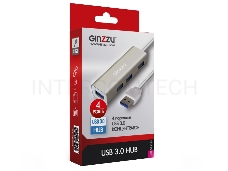 Концентратор Ginzzu GR-517UB 4-х портовый USB 3.0 индикатор питания, встроенный интерфейсный кабель - 20 см, алюминиевый корпус, серебристый