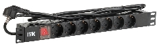 Блок розеток ITK PDU 7 розеток DIN49440 (нем. cтанд.) с LED выключателем, 1U, шнур 2м вилка DIN49441 (нем. станд.), профиль из ПВХ, черный