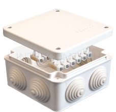 Коробка распр. ОП 105х105х56 7 выходов 4 гермоввода с клемм. 10А 12 контактов IP54 крышка на винтах бел. Epplast 110043