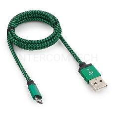 Кабель Gembird  USB 2.0 Cablexpert CC-mUSB2gn1m, AM/microBM 5P, 1м, нейлоновая оплетка, алюминиевые разъемы, зеленый, пакет