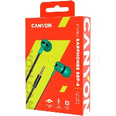 Наушники CANYON Stereo earphone with microphone, 1.2m flat cable, Green, 22*12*12mm, 0.013kg