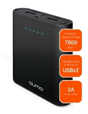 Портативное зарядное устройство Qumo PowerAid 7800, 7800 мА-ч, 2 USB 1A+2A, вход 1А, черный, корпус ABS пластик